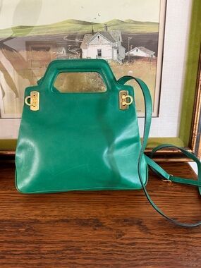 Green Leather Top-Handle Crossbody Bag with Gold Hardware